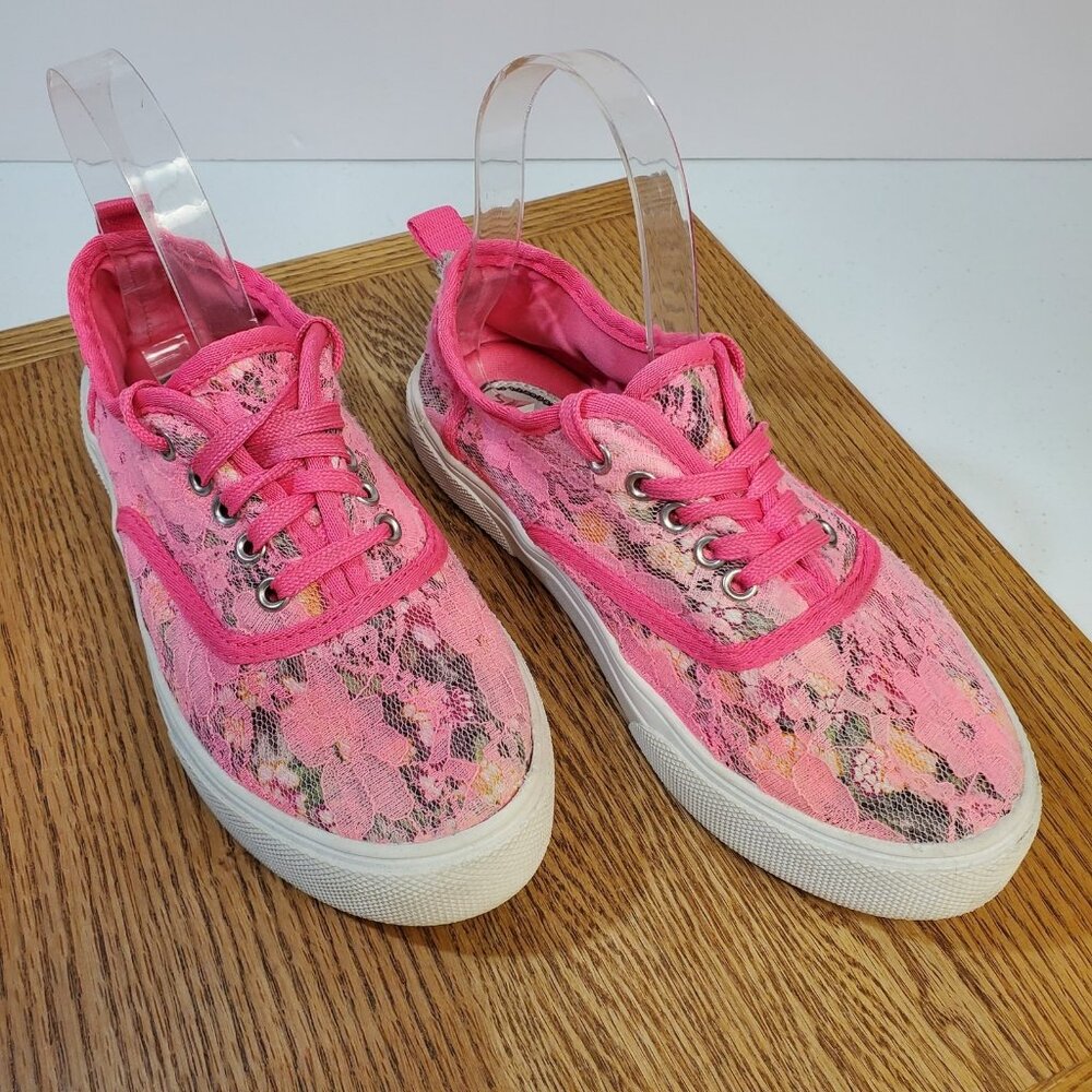 Stevies Shoes Girls Size 4 Pink Floral Lace Low Top Casual Sneakers Youth Cute
